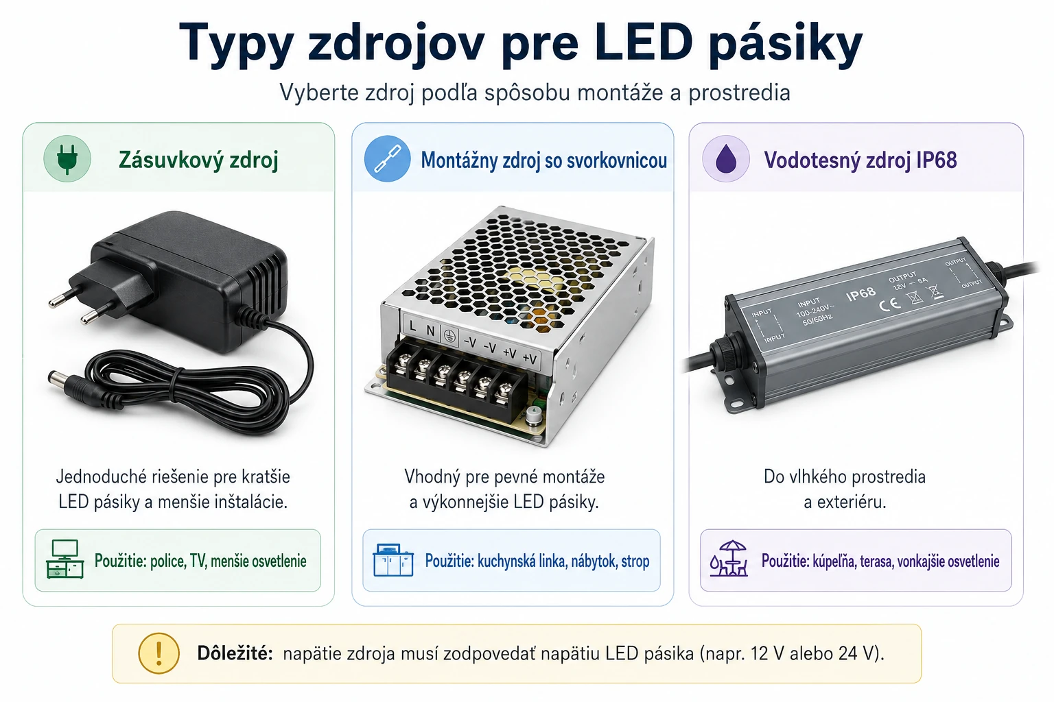 Zásuvkový montážny a vodotesný zdroj pre LED pásiky