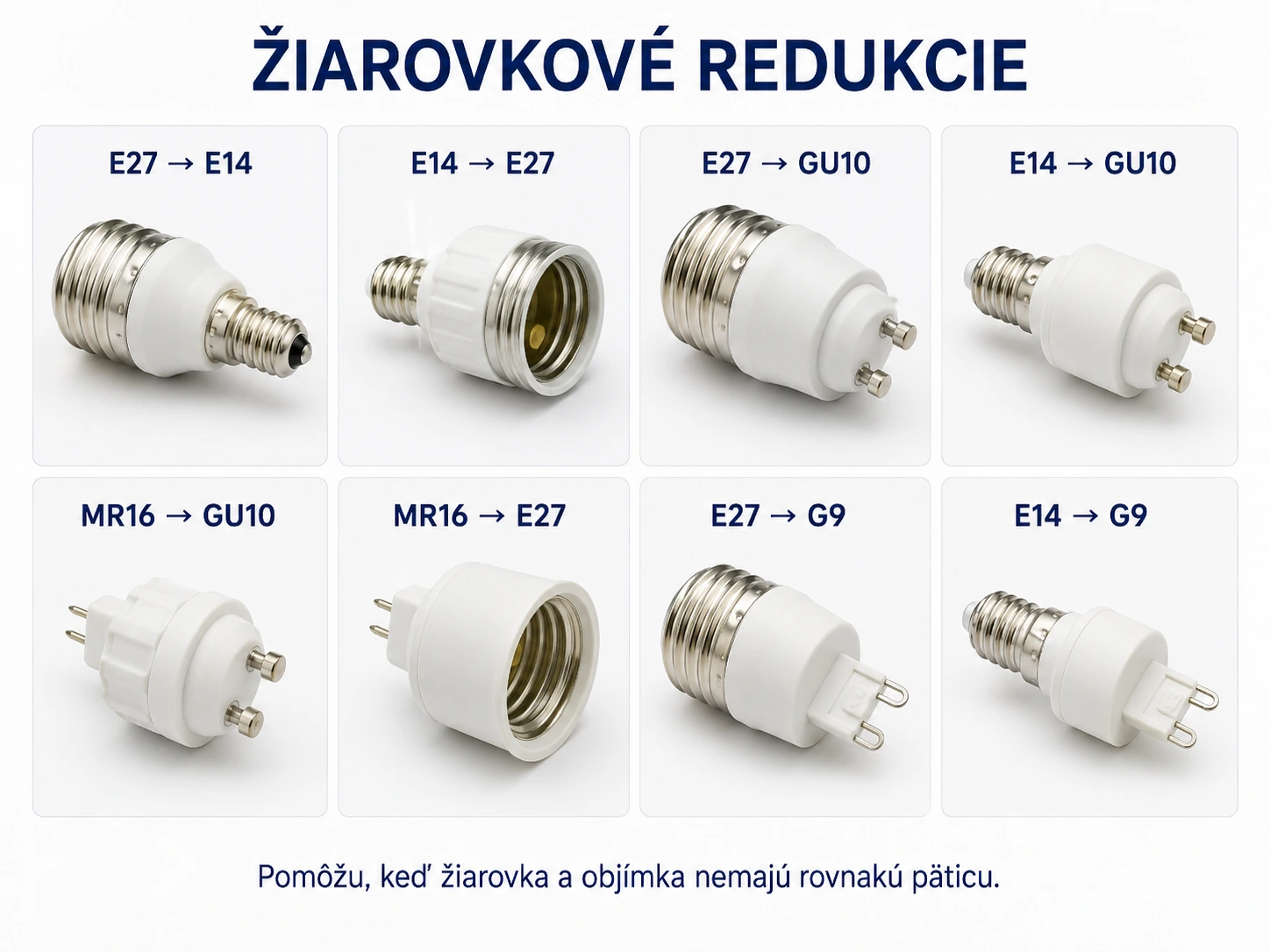 Žiarovkové redukcie medzi päticami E27, E14, GU10, MR16 a G9