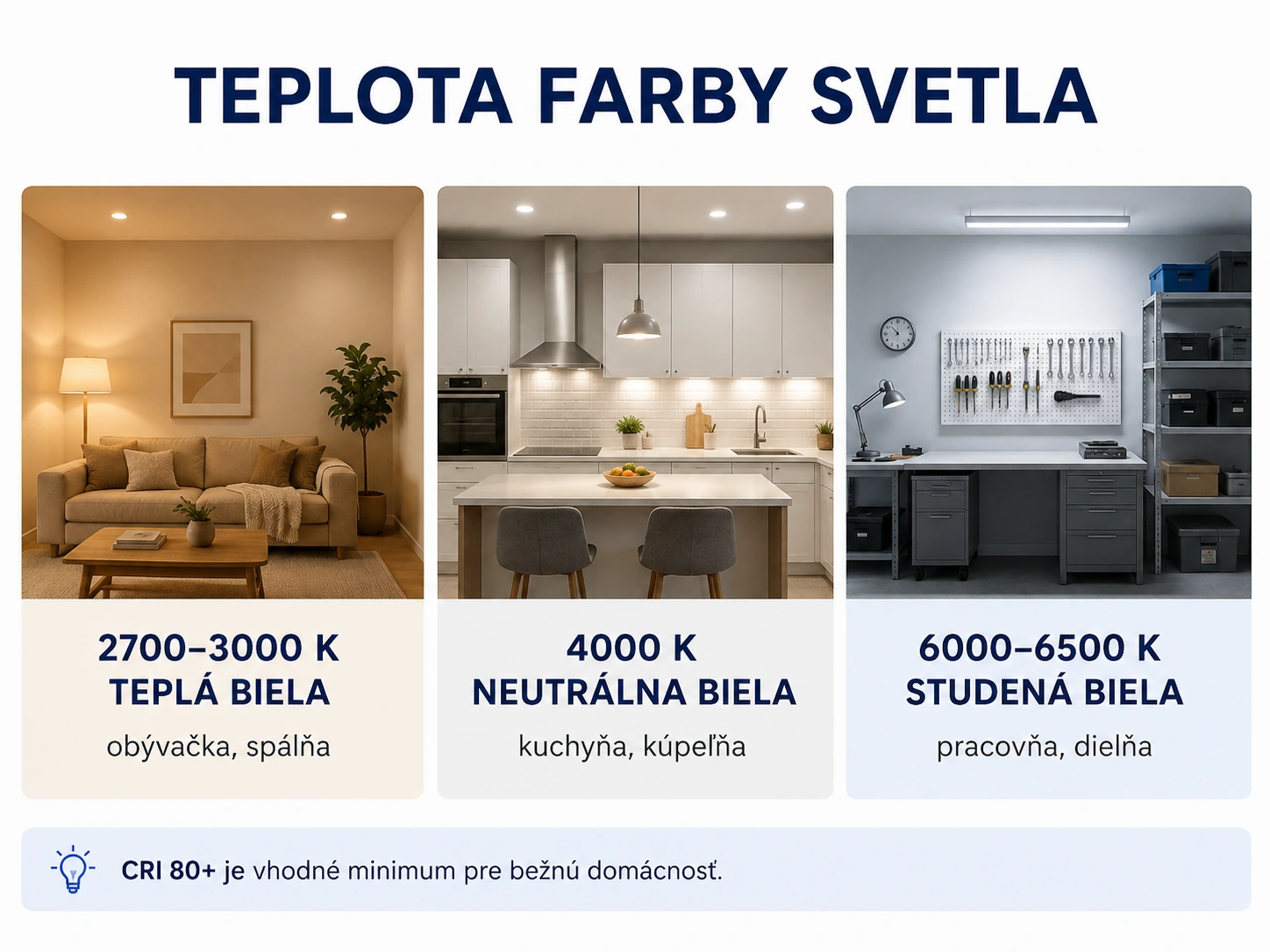 Porovnanie teplej 2700 až 3000 K, neutrálnej 4000 K a studenej 6000 až 6500 K bielej
