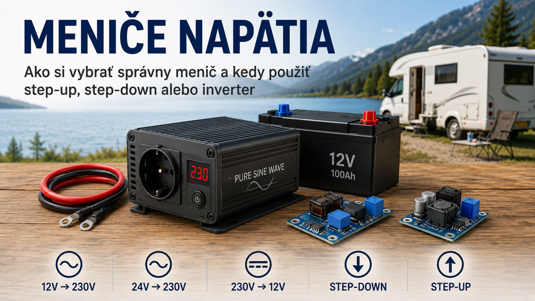 Meniče napätia 12 V na 230 V, step-down, step-up a DC/DC konvertory
