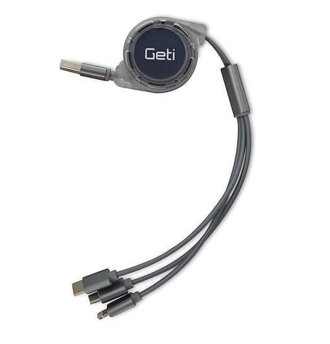 Samonavíjací USB kábel 3v1, microUSB/USB-C/iPhone, strieborný
