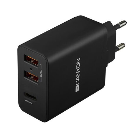 Siaťová nabíjačka Canyon H-08 30W 2xUSB 2,4A + 1xUSB-C QC, čierna