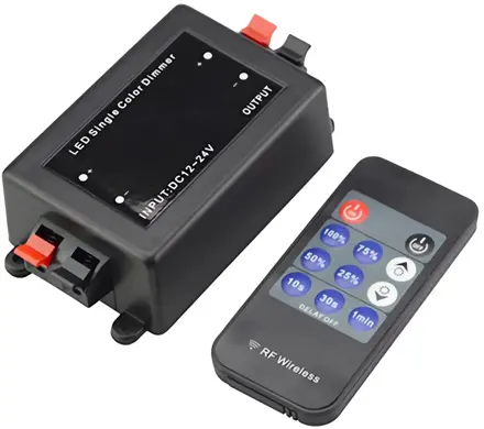 RF stmievač pre jednofarebné LED pásy s oneskorením + diaľkové ovládanie