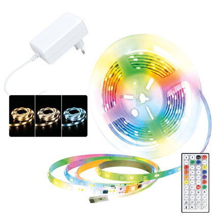LED pás RGB + 3CCT, 5m, 24V adaptér + diaľk.ovládač, 5W/m, IP65