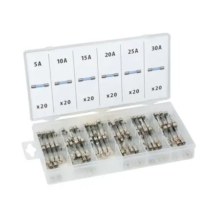 Sada sklenených poistiek F 6x32mm, 120ks v organizéri
