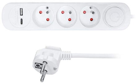 Predlžoavací kábel 3 zásuvky/USB-A/USB-C, 3m biely s vypínačom