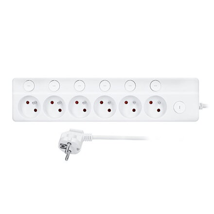 Predlžovací prívod 6 zásuviek, 2m, 3 x 1mm2, biely, 6+1 vypínač