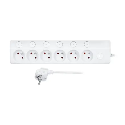Predlžovací prívod 6 zásuviek, 2m, 3 x 1mm2, biely, 6+1 vypínač