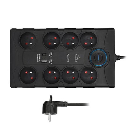 Predlžovací prívod s prepäťovou ochranou, 8z, USB A+C, 2m, čierna
