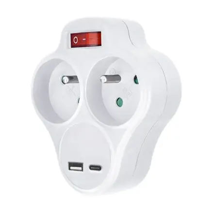 Rozbočovač s USB A+C rychlonabíjačkou 20W PD, 2 x 10A, biely, vypínač