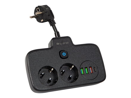 Rozbočovač 2x230V + 3xUSB-A + 1xUSB-C s vypínačom, čierny