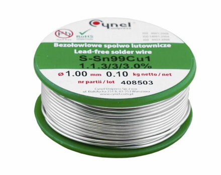 Bezolovnatý spájkovací cín 1.0mm 100g, Sn99Cu1