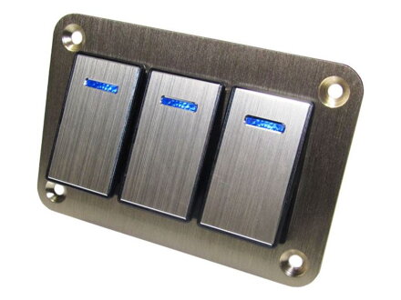 Hliníkový panel s 3 vypínačmi Rocket switch 12/24V - modré podsvietenie