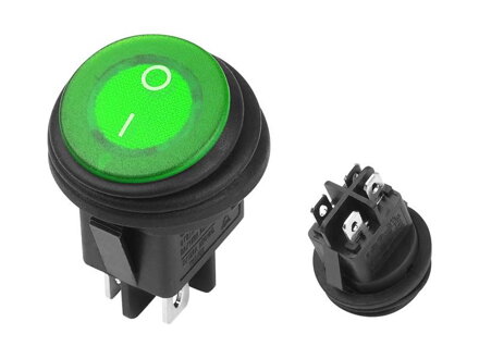 Okrúhly vodotesný kolískový vypínač 6A/250V IP65, zelený podsvietený