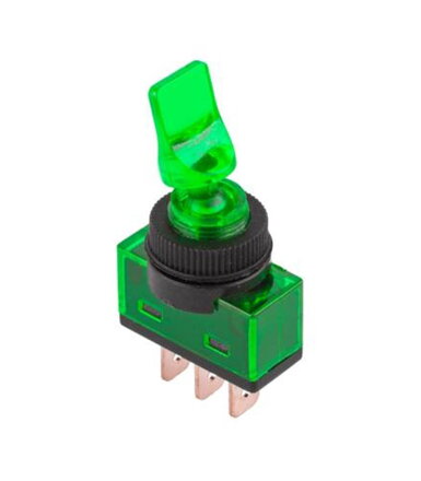 Prepínač páčkový 3pin/2polohy podsvietený zelený 12V