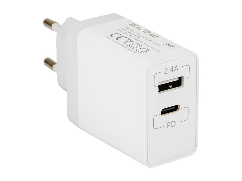 Sieťová nabíjačka USB+USB-C 30W biela