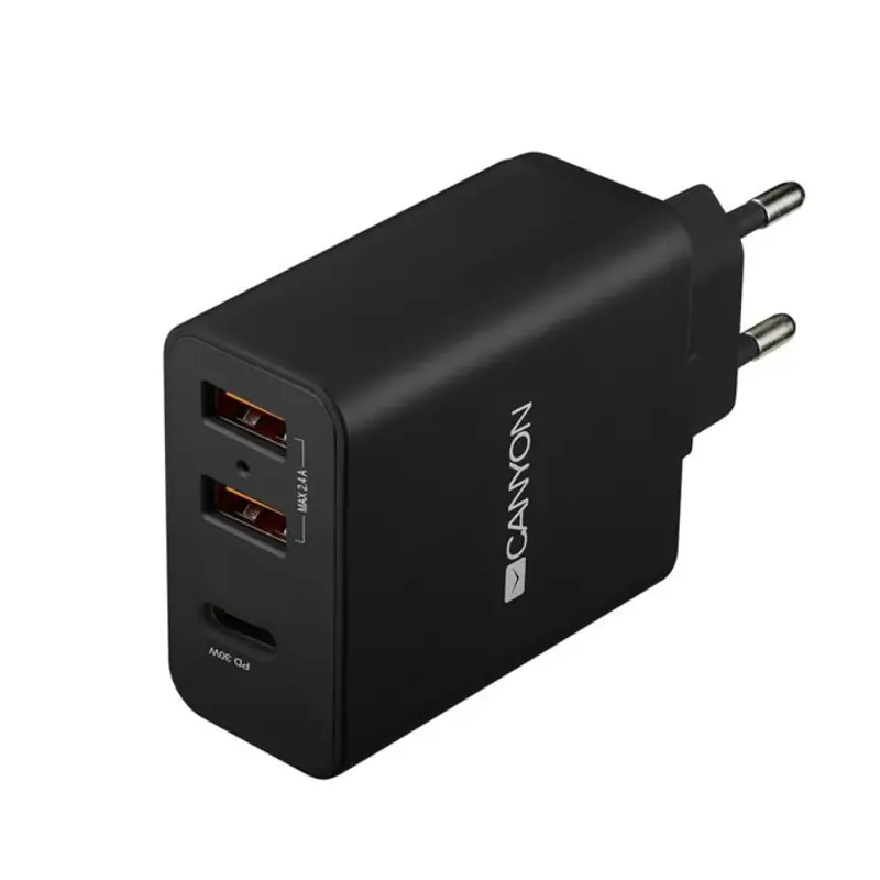 Sieťová nabíjačka Canyon H-08 30W 2xUSB 2,4A + 1xUSB-C QC, čierna