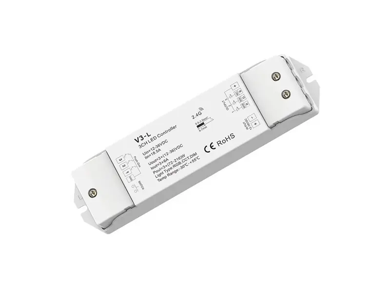 RF prijímač pre LED pásy 3x6A, PRO-V3-L 12V/216W - 24V/432W RF prijímač pre LED pásy 3x6A, PRO-V3-L 12V/216W - 24V/432W
