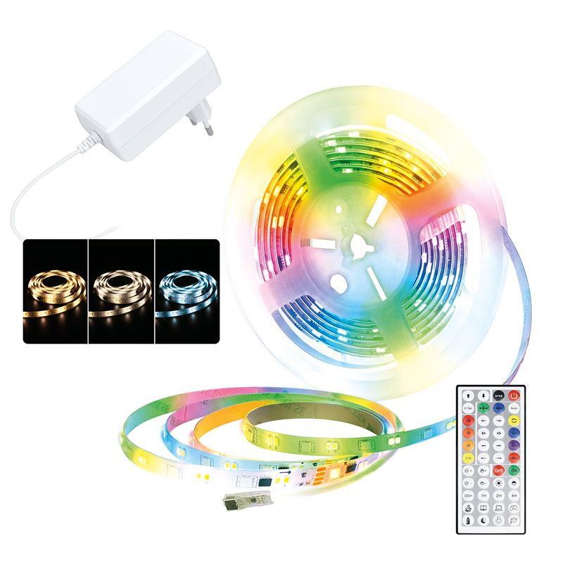 LED pás RGB + 3CCT, 5m, 24V adaptér + diaľk.ovládač, 5W/m, IP65
