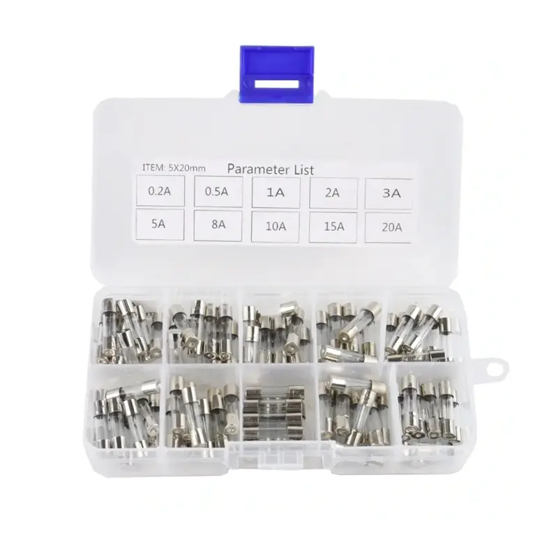 Sada sklenených poistiek F 5x20mm, 100ks v organizéri