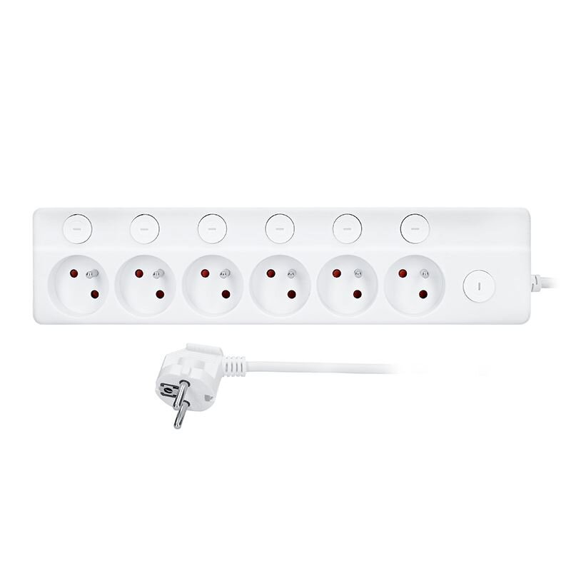 Predlžovací prívod 6 zásuviek, 2m, 3 x 1mm2, biely, 6+1 vypínač