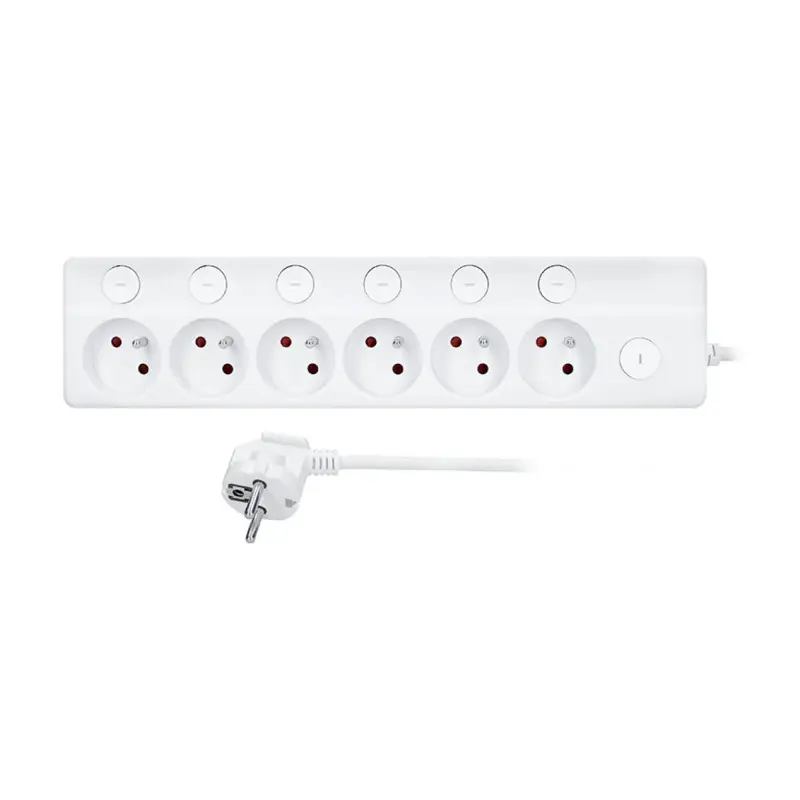 Predlžovací prívod 6 zásuviek, 2m, 3 x 1mm2, biely, 6+1 vypínač