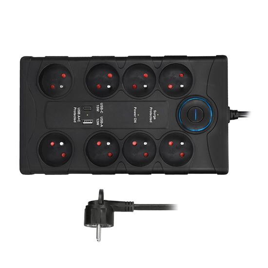 Predlžovací prívod s prepäťovou ochranou, 8z, USB A+C, 2m, čierna