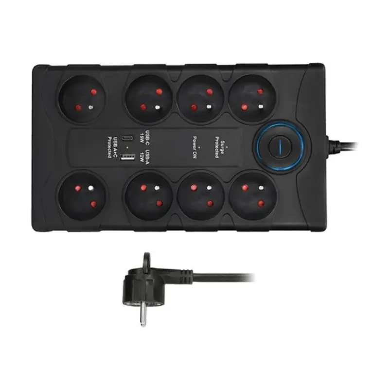 Predlžovací prívod s prepäťovou ochranou, 8z, USB A+C, 2m, čierna
