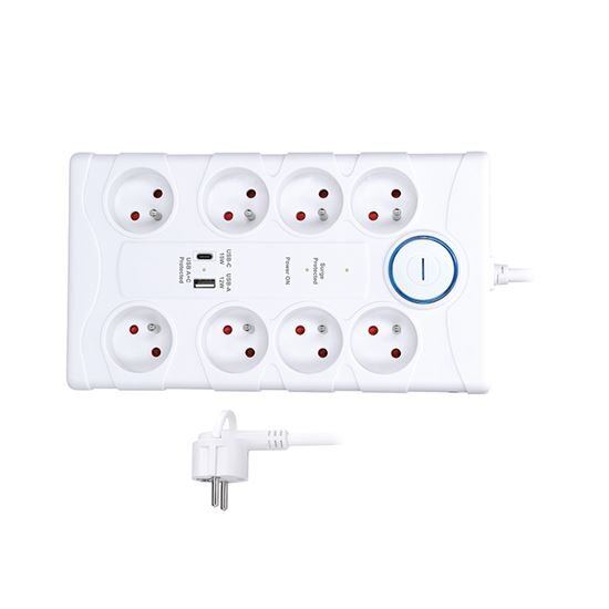 Predlžovací prívod s prepäťovou ochranou, 8z, USB A+C, 2m, biela