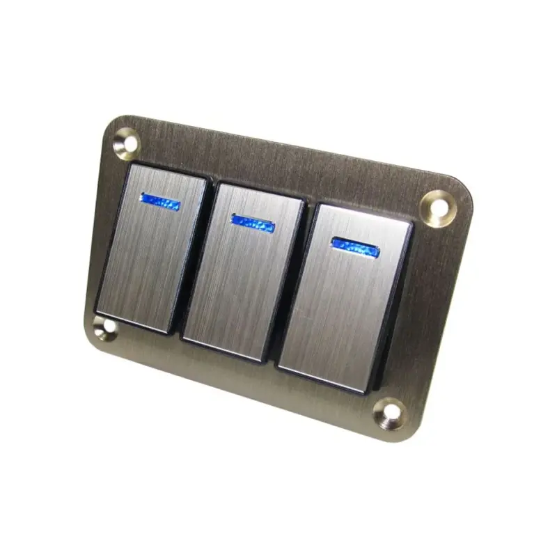 Hliníkový panel s 3 vypínačmi Rocket switch 12/24V - modré podsvietenie