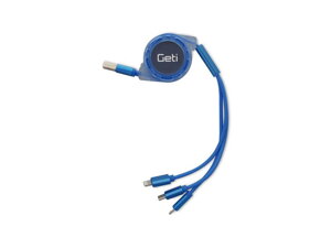 Samonavíjací USB kábel 3v1, microUSB/USB-C/iPhone, modrý