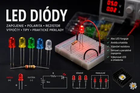 Farebné LED diódy rôznych veľkostí a rezistor